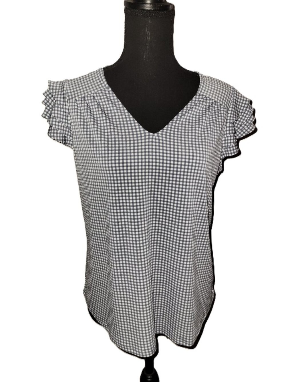 Blue/Gray - White Gingham Flutter Sleeve Top - M